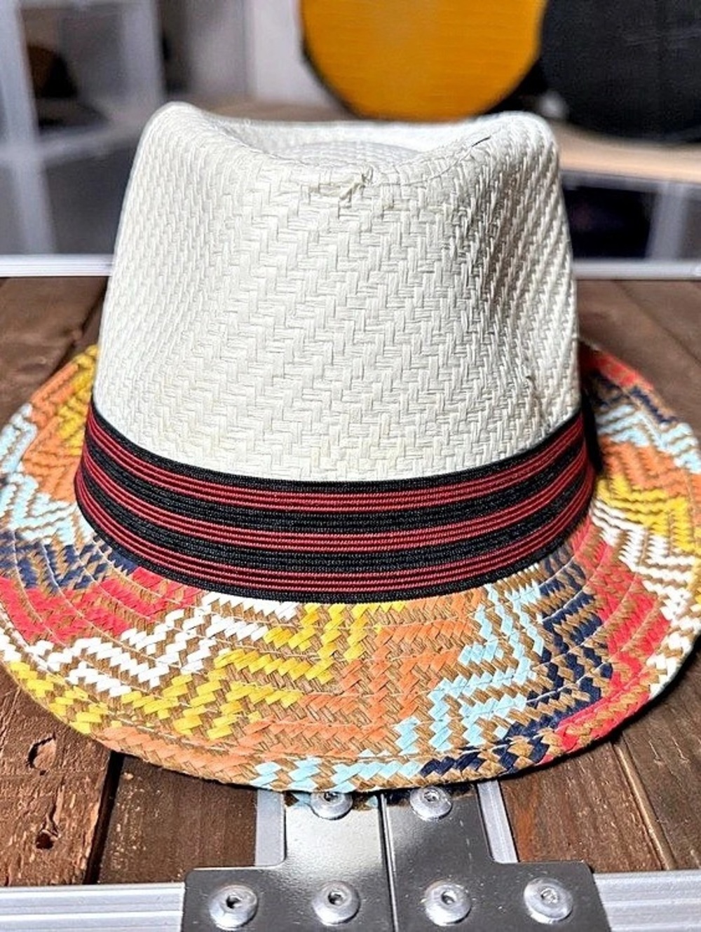 Multicolor Geometric Brim Fedora Hat Ivory Red Black Size 59 Paper